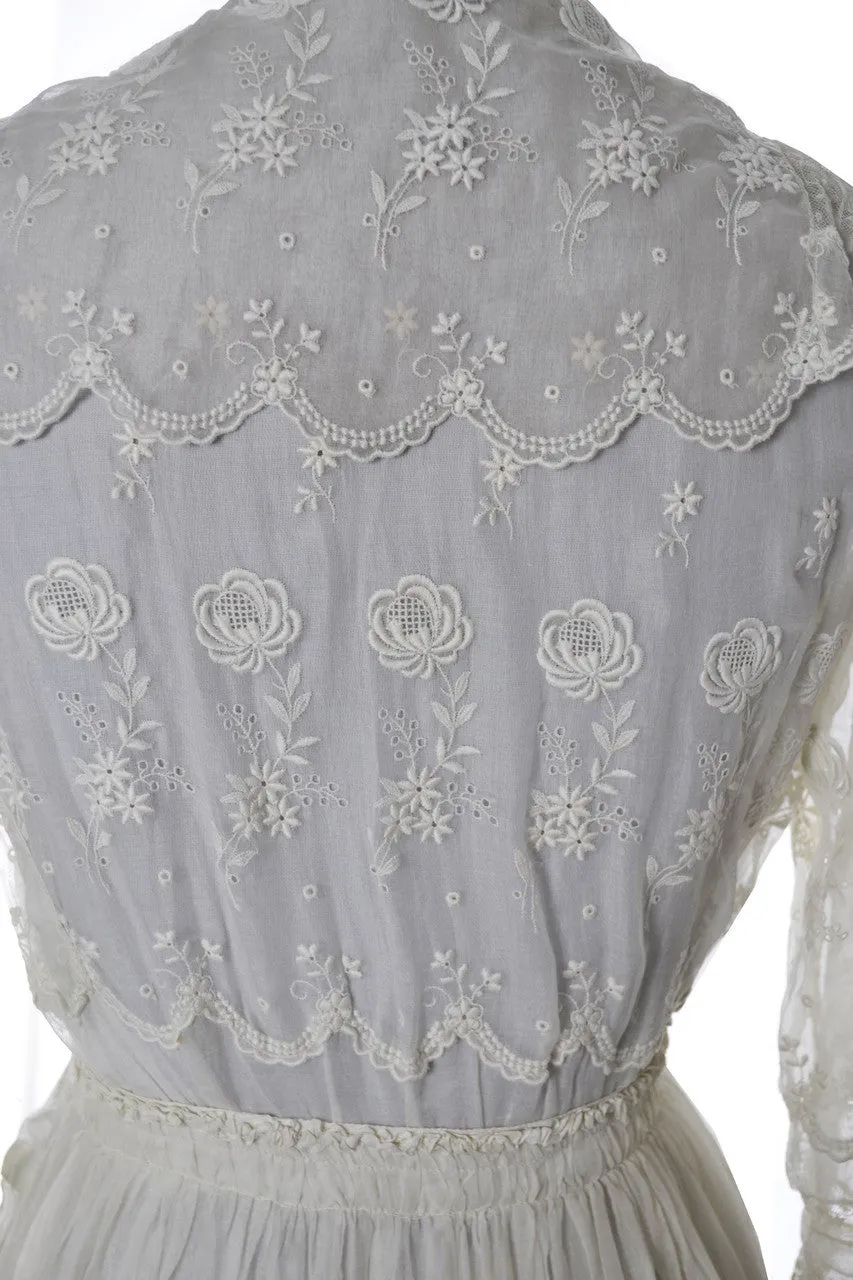 1910s Embroidered Edwardian White Vintage Dress With Lace Trim