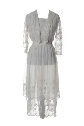 1910s Embroidered Edwardian White Vintage Dress With Lace Trim