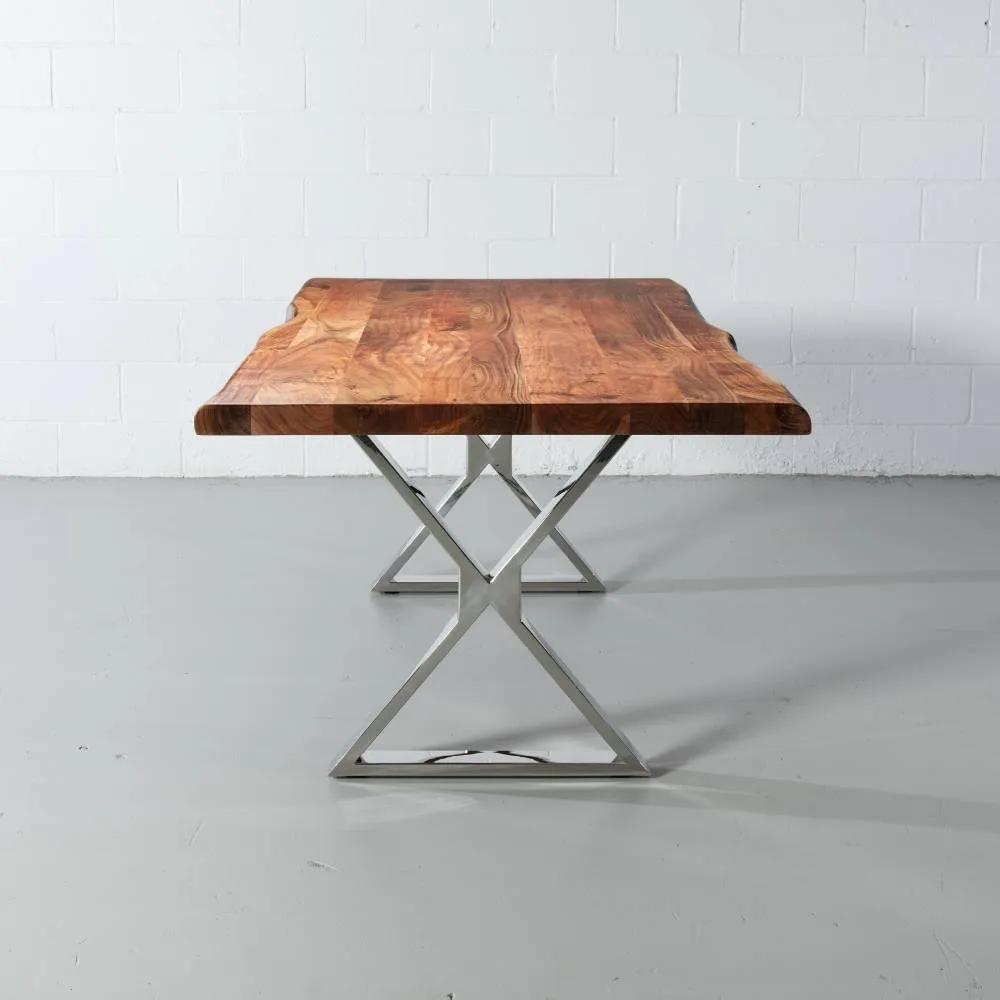 Acacia Live Edge Wood Table with Chrome X Legs/Natural Color