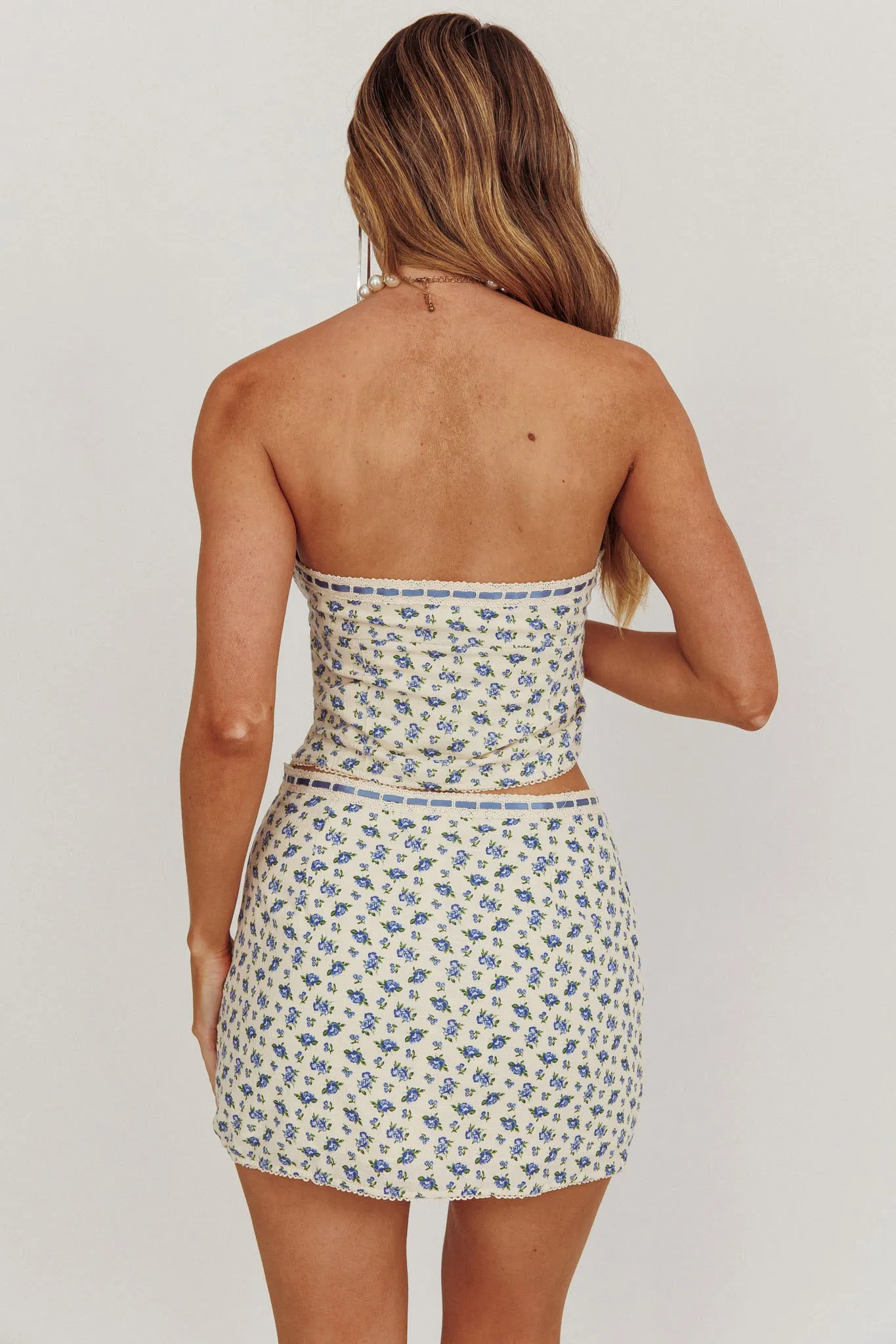 Arrietty Floral Strapless Top Blue