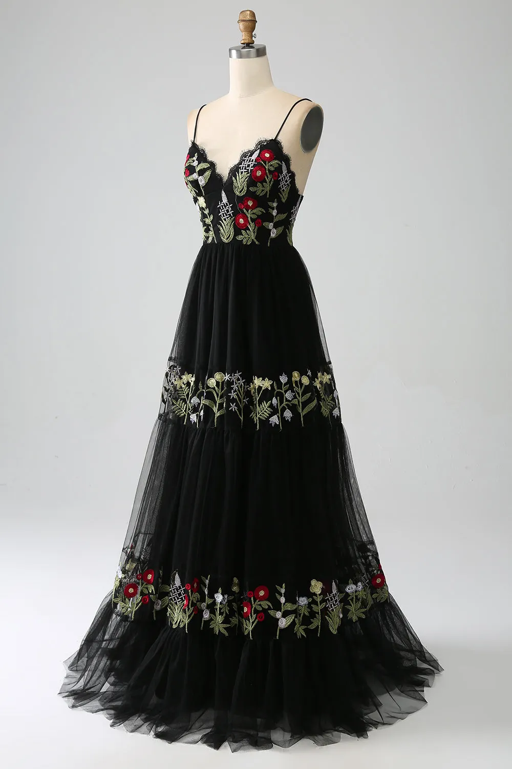 Black A-Line Spaghetti Straps Embroidered Long Corset Prom Dress