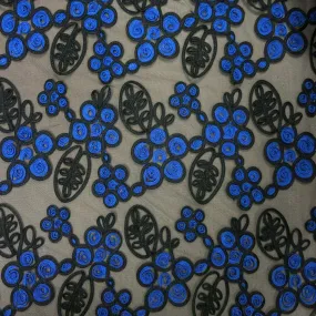 Black and Blue Floral Embroidered Tulle Fabric