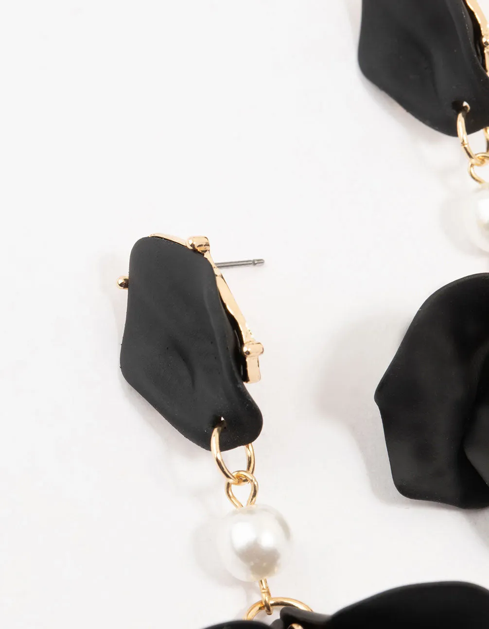 Black Coated Pearl Floral Drop Earrings