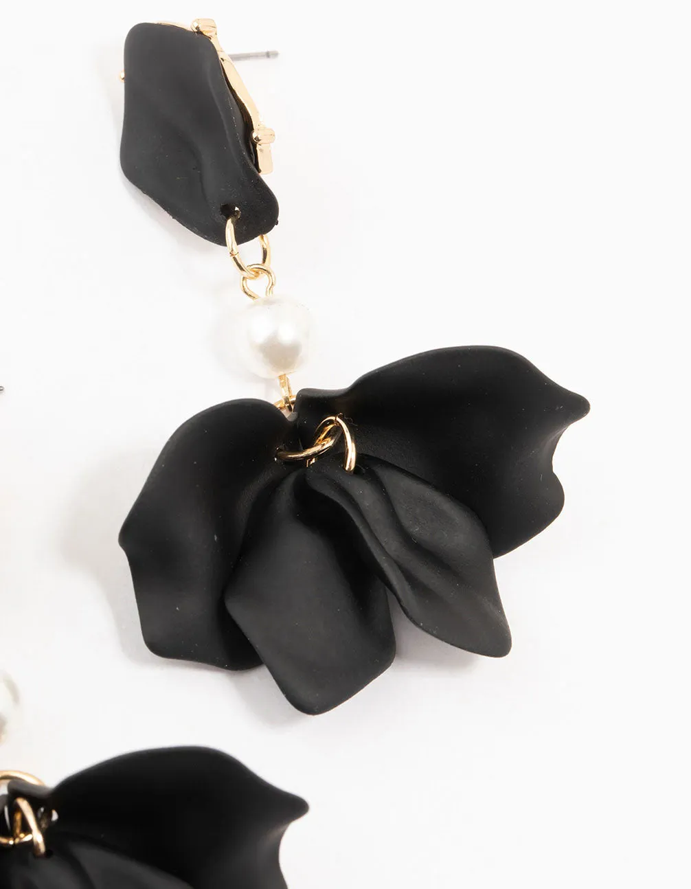 Black Coated Pearl Floral Drop Earrings