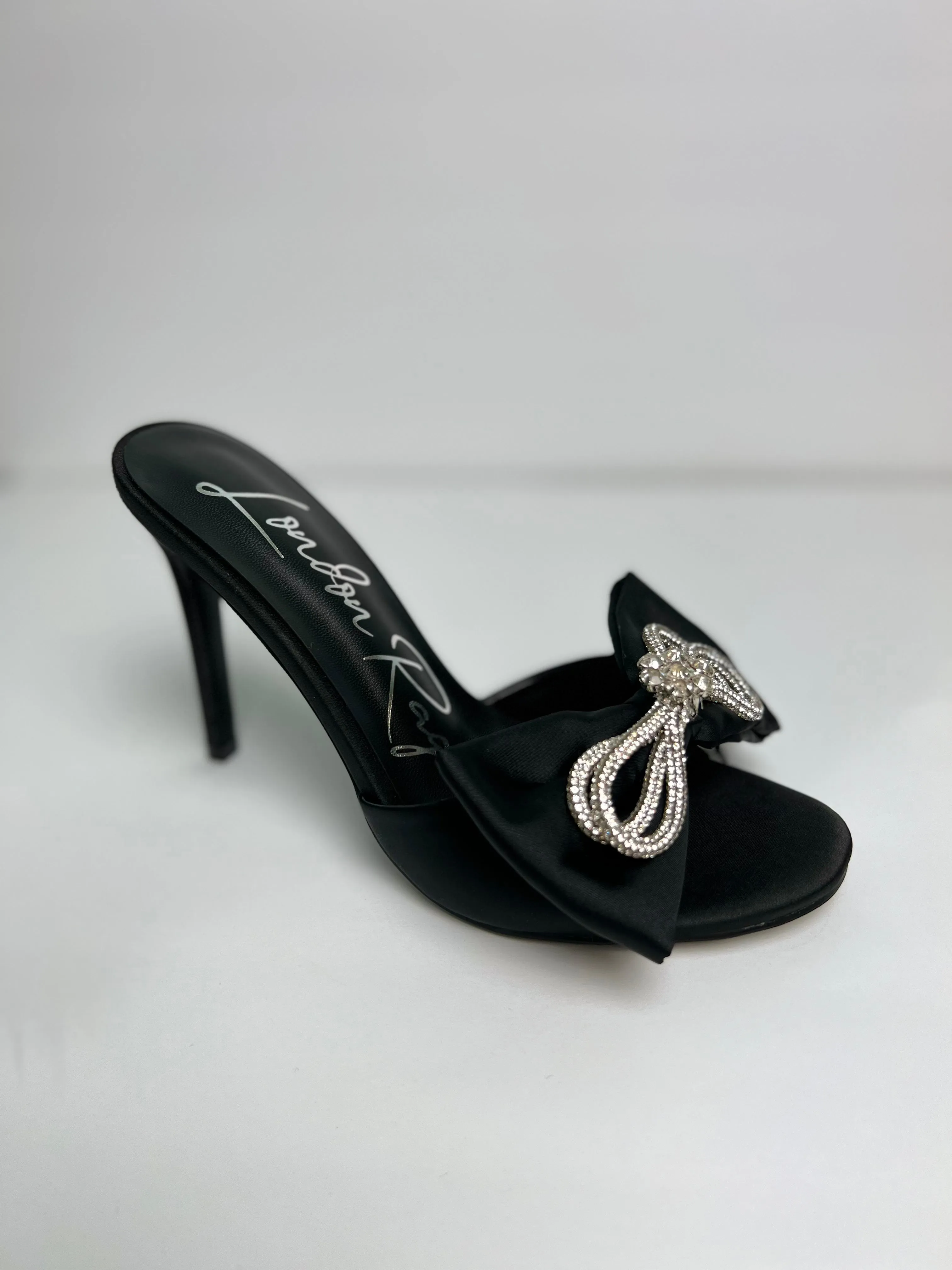 Black Crystal Bow Satin High Heels