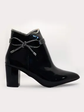 Black Diamante Bow Patent Boots