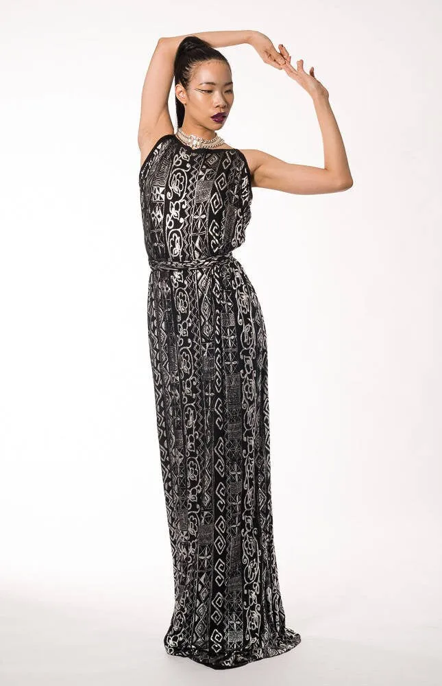 Black Silver Pattern Column Evening Dress