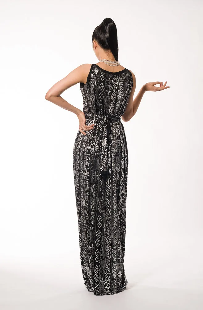 Black Silver Pattern Column Evening Dress