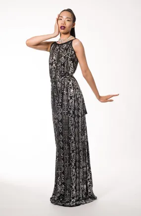 Black Silver Pattern Column Evening Dress