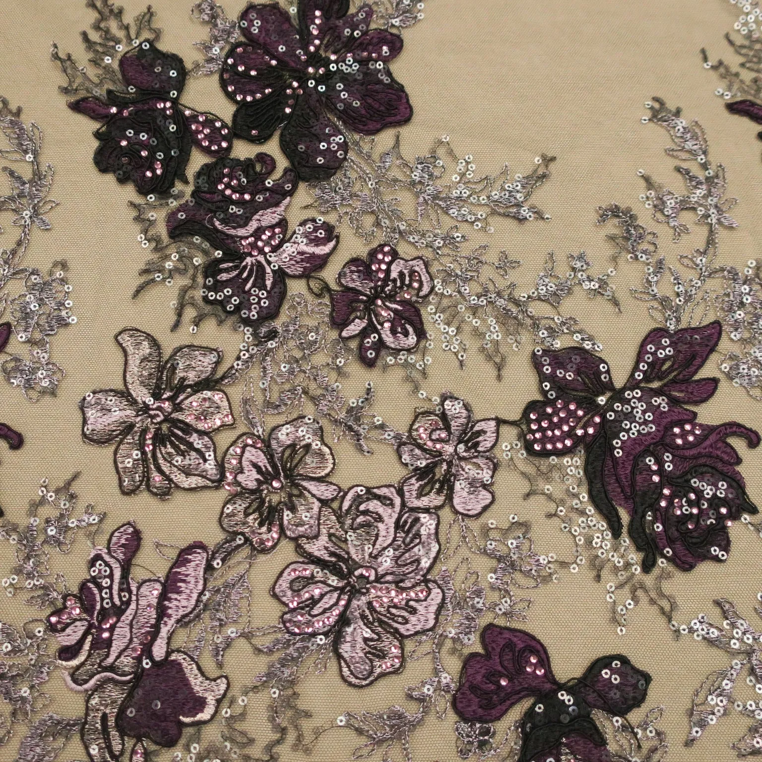 Black Tulle with Purple and Lilac Floral Design Embroidered Sequins Fabric