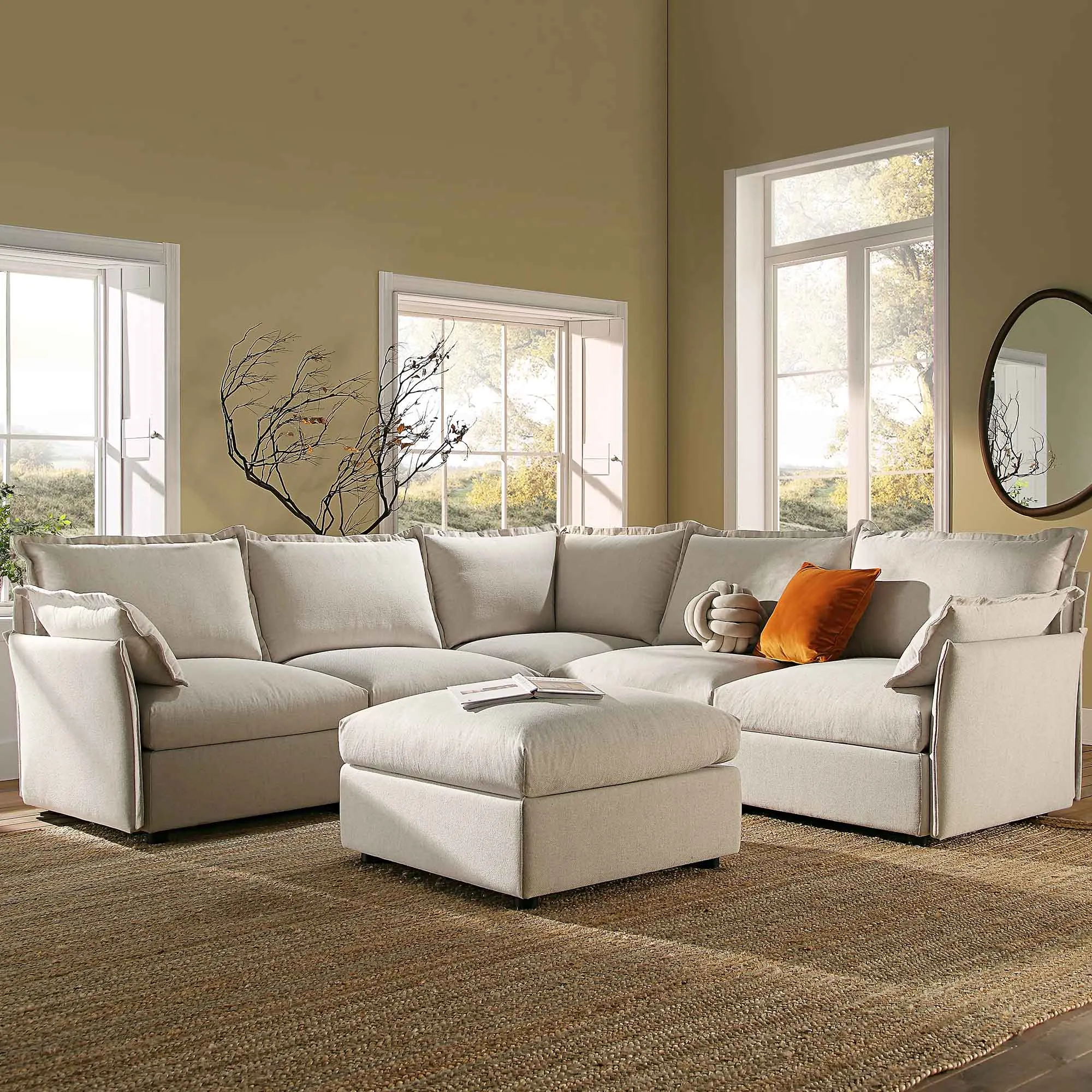 Byron Pillow Edge Beige Fabric Modular Sofa, 5-Seater Corner & Stool Set