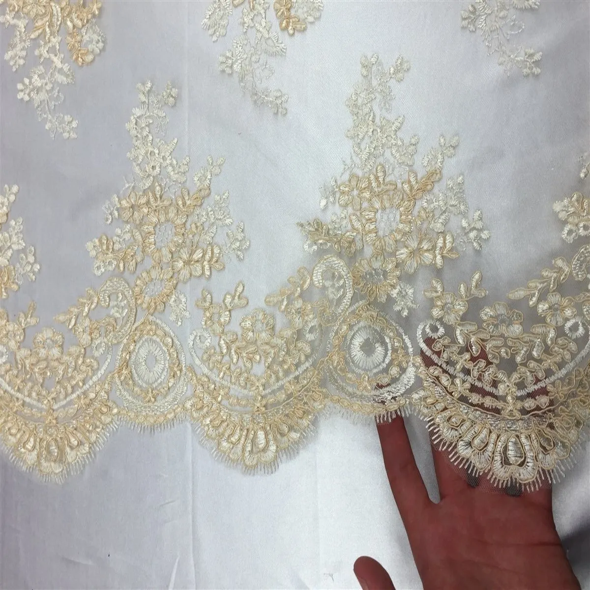 Champagne White Oswald Embroidered Lace Fabric