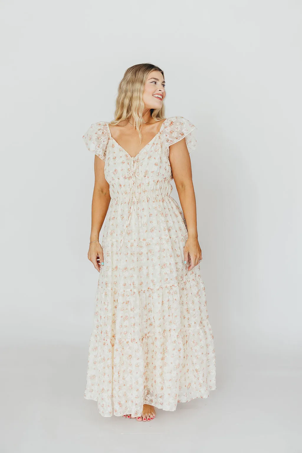 Charming Floral & Gingham Ruffled Maxi Dress in Cream/Peach Floral