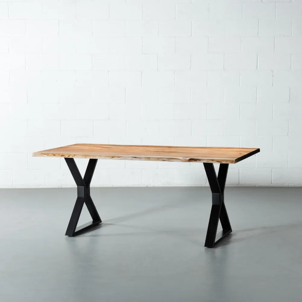 DANTON - Acacia Live Edge Table 3.5cm Thickness Top with X Black Legs