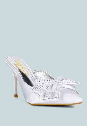 ELISDA White Embellished Bow High Heel Mules