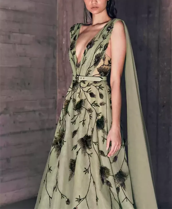 Feather Embroidered Deep V-Neckline Leafy Green Tulle Dress