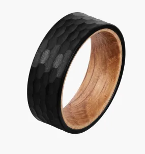 Hammered Black and Wood Men's Wedding Ring