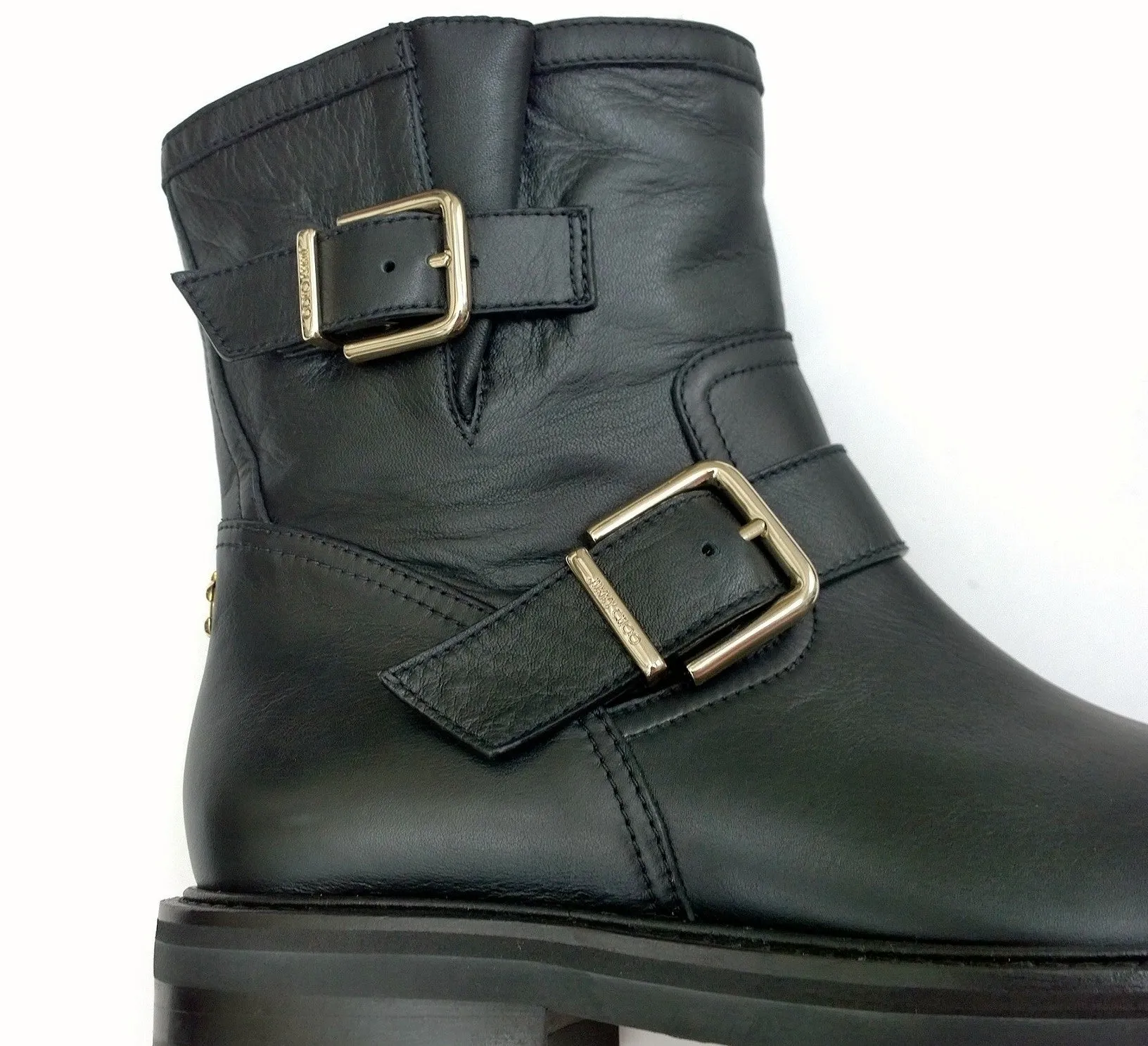 Jimmy Choo Youth Black Leather Ankle Boots with Lug Rubber Sole