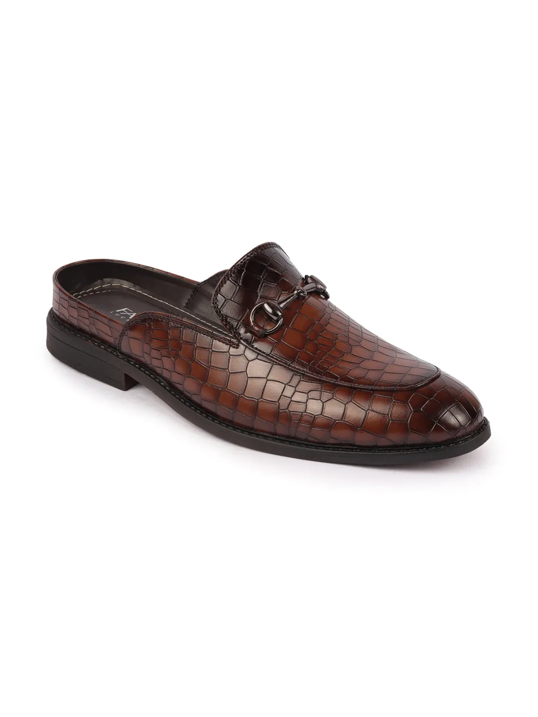 Men Brown Embossed Leopard Print Design with Horsebit Buckle Ethnic Party Back Open Slip On Mules Shoes