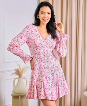 Pink Floral Long Sleeve Godet Mini Tea Dress