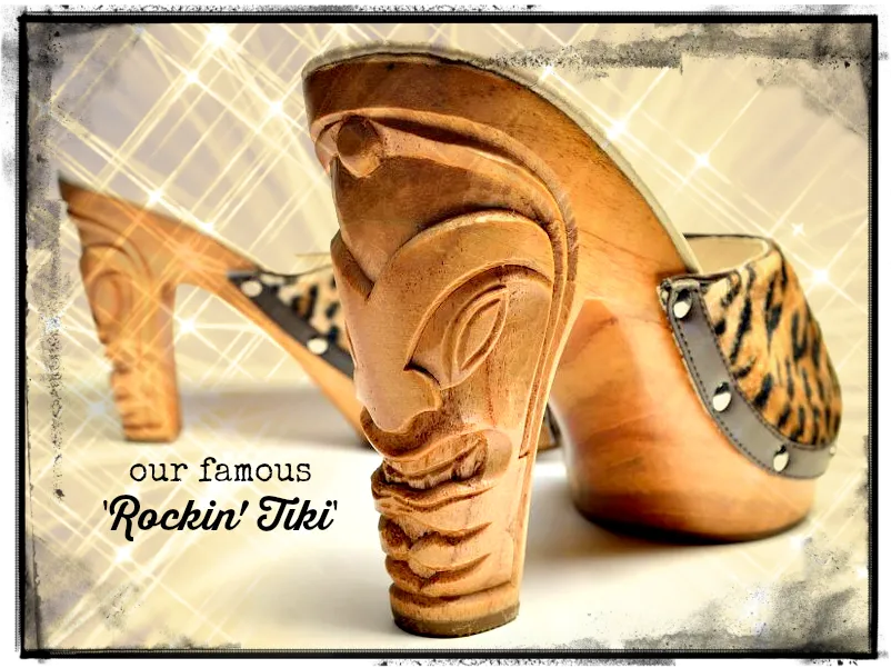 The Rockin' Tiki/with Ankle Strap - in Black Leather and Leopard Fur