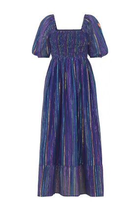 Washed Navy with Rainbow Lurex Shirred Midi Dress